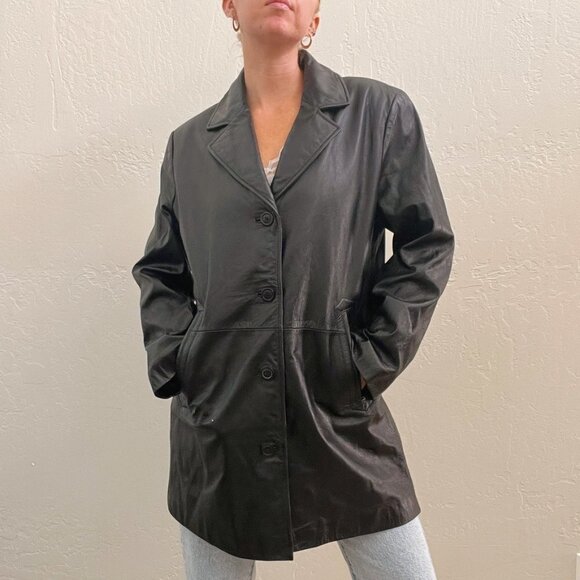 Vintage 90's Black 100% Lambskin Leather Button Up Blazer Trench Jacket - Picture 4 of 8